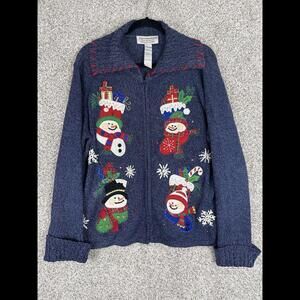 VTG Tiara Women blue Christmas Sweater Ramie stocking Cardigan Holiday XL winter